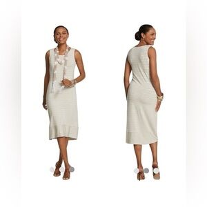 Chico's Striped Slub Lana Jersey Sleeveless Midi Dress Tan White Size M